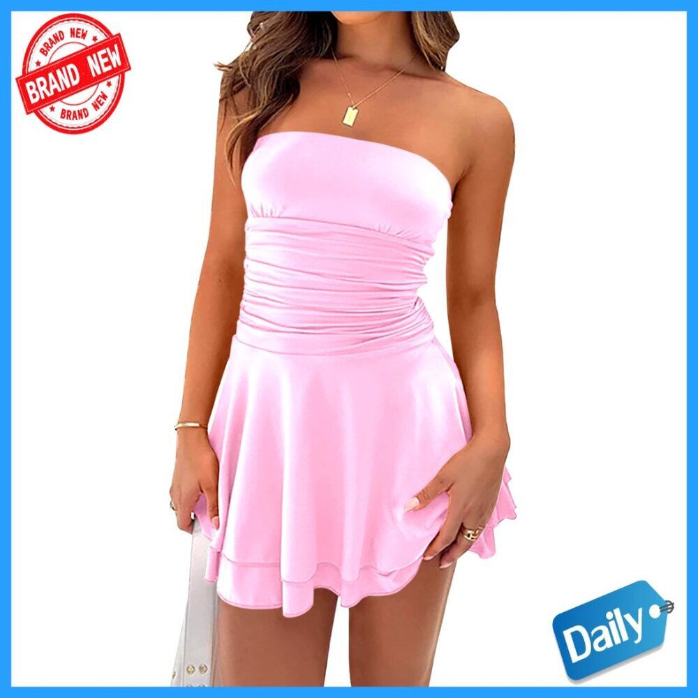 Sexy Strapless Ruched Mini Dress Y2K Party Club Night Out Jumpsuit
